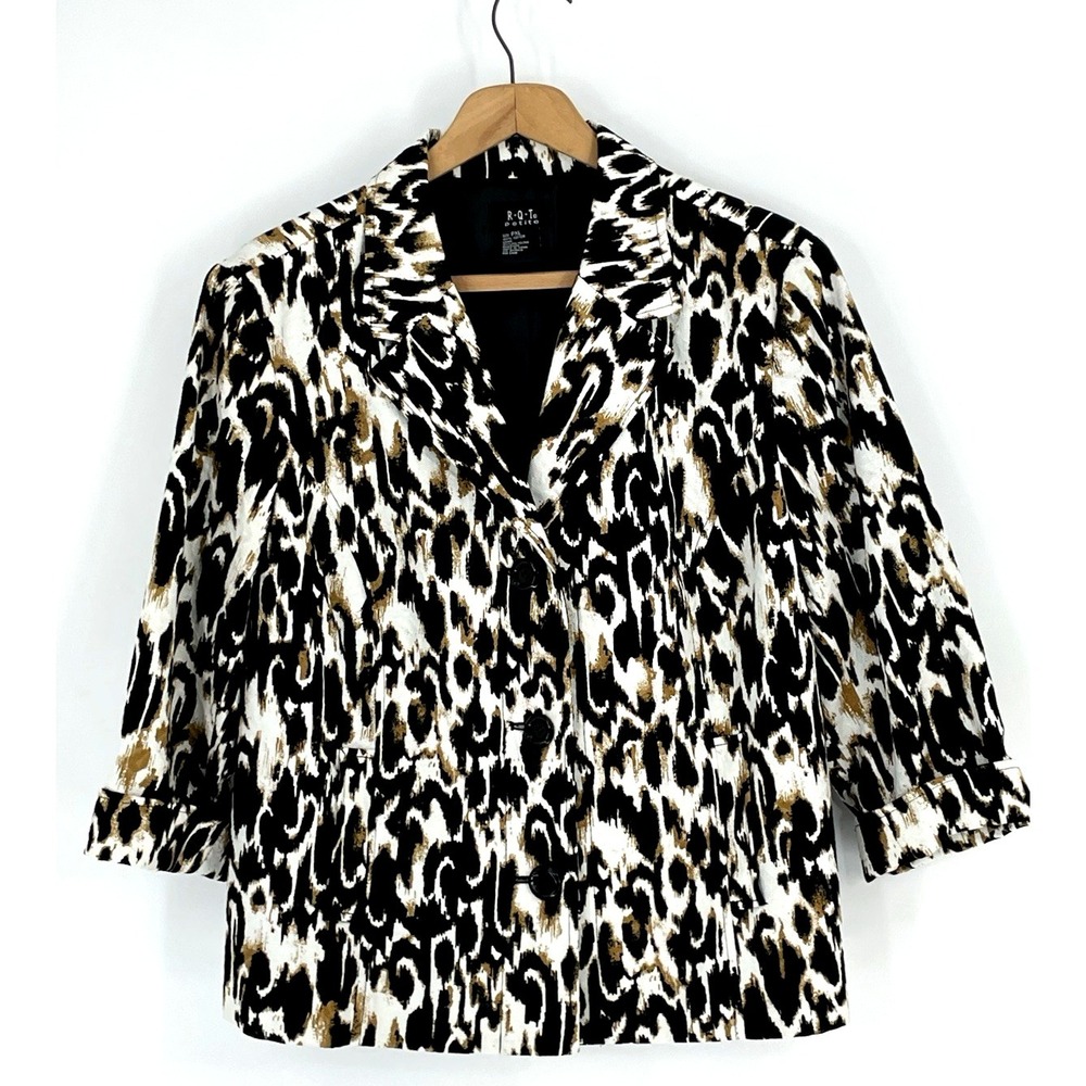 RQT Women PXL 100% Cotton Black Animal Print 3 Button Coat Jacket Blazer
